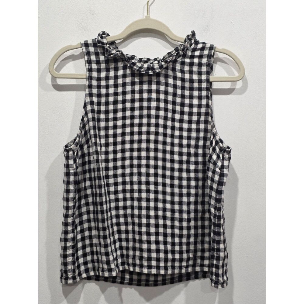 J. Crew Fleur Black White Gingham Linen Ruffle Neck Sleeveless Button Back Top S